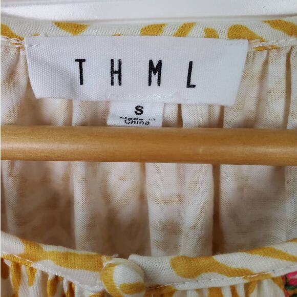 Anthropologie THML SZ S Gold & White Embroidered Top Pom Pom Sleeves Boho - Picture 5 of 7